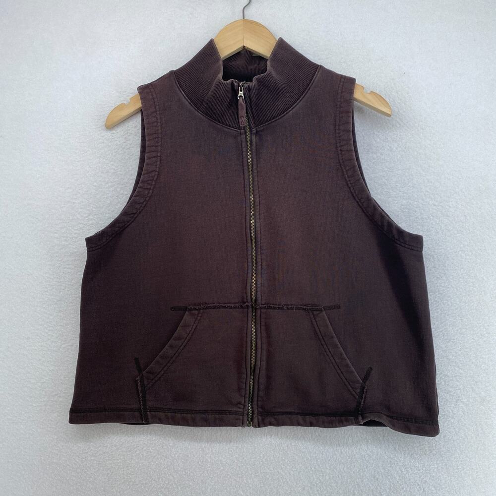EILEEN FISHER Vest L Organic Cotton French Terry Mock Neck Full Zip Brown